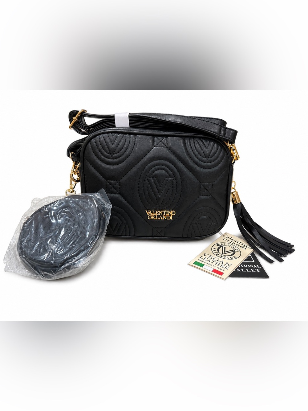 Valentino Orlandi Black Vegan Leather Crossbody Bag with Tassel & Coin Pouch